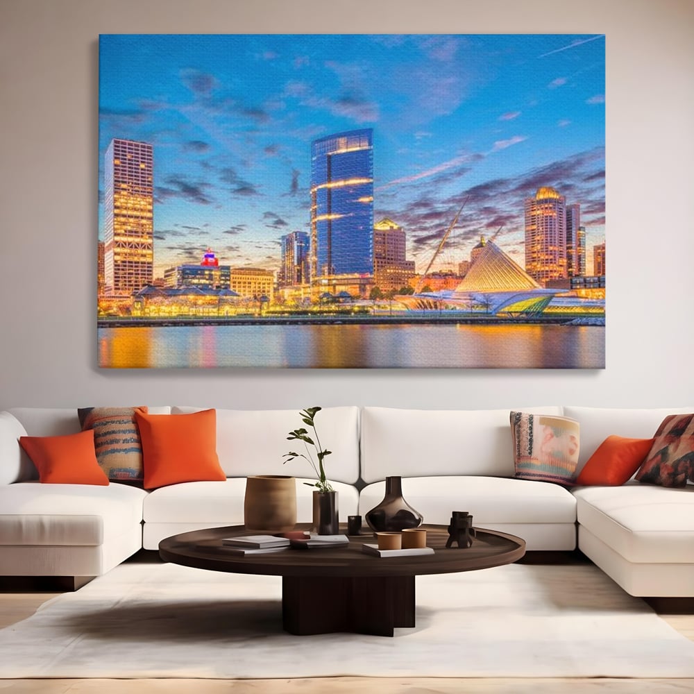 Tablou canvas cu panorami urbana nocturna milwaukee pe apa, fara rama, pe sasiu de lemn, pe perete intr-un living
